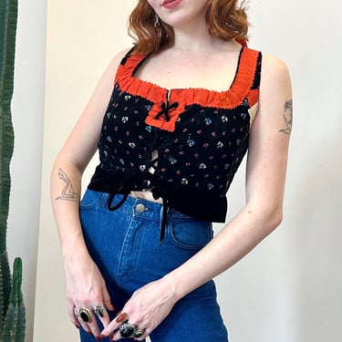 Vintage 1950s Top / 50s Floral Velvet Corset Top / Black Red ( M L ) 