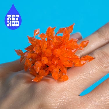 So Pretty Vintage 60s 70s Clear Orange Shaggy Bead Cluster Adjustable Ring 