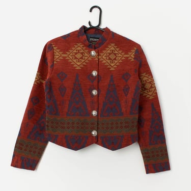 Vintage 90s cropped tapestry jacket in red and blue - Medium 