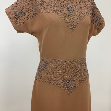1940's Rayon Dress - Soutache Embroidery Details - Interesting Neckline - Women's Medium - 28 Inch Waist 