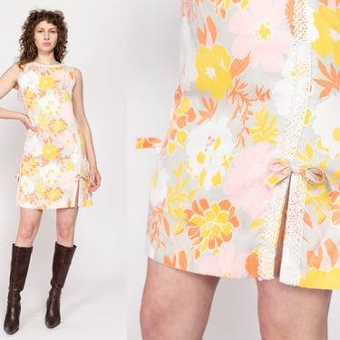 Small 60s Floral Mini Thigh Slit Shift Dress | Vintage Boho Sleeveless Lace Trim Girly Sundress 