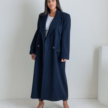 Vintage 80s navy blue wool long coat // L (2434) 