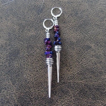 Abstract purple nugget and silver spike earrings 