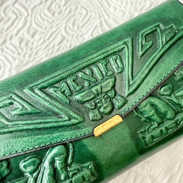 Hand Tooled Leather Wallet, Mexico, Dark Green, Small Clutch, Aztec, Billfold, Tons of Space 