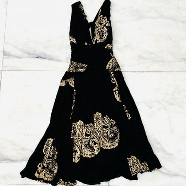 Rubber Ducky Productions Dress Black Gold Jersey Knit Sleeveless Open Back Y2K Grecian Goddess Large 
