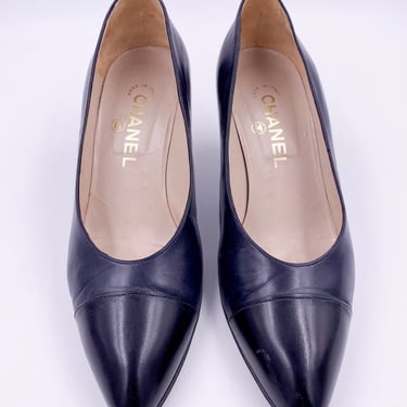 Vintage Black Leather Chanel Pumps with Black Leather Toe 