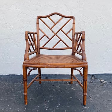 Vintage Chinese Chippendale Arm Chair FREE SHIPPING Faux Bamboo, Rattan Cane & Brown Wood Hollywood Regency Chinoiserie Fretwork Furniture 