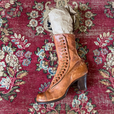 Authentic Victorian button up boot (1, one left only) genuine soft caramel leather | home decor, prop or design inspo 