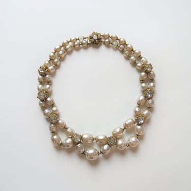 Signed Miriam Haskell necklace, 1950s, vintage, baroque pearls, crystal rhinestones, multi strand, choker, rare designer jewelry 