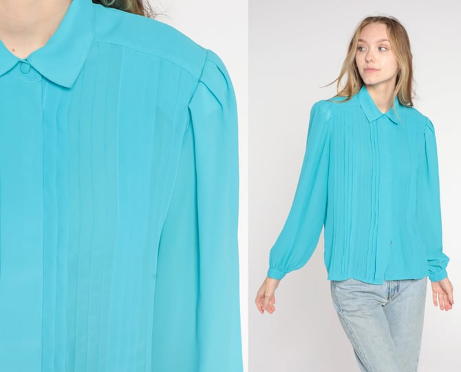 Blue Pleated Blouse 80s Secretary Top Long Puff Sleeve Collared Shirt Retro Boho Hidden Button Up Classic Basic Chic Vintage 1980s Medium 8 