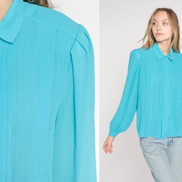 Blue Pleated Blouse 80s Secretary Top Long Puff Sleeve Collared Shirt Retro Boho Hidden Button Up Classic Basic Chic Vintage 1980s Medium 8 