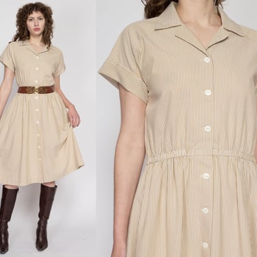 Medium 60s Brown & White Pinstriped Seersucker Shirtdress | Vintage Short Sleeve Collared Fit Flare Midi Dress 