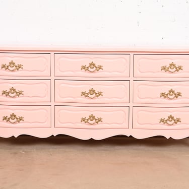 Baker Furniture French Provincial Louis XV Pink Lacquered Triple Dresser, Newly Refinished