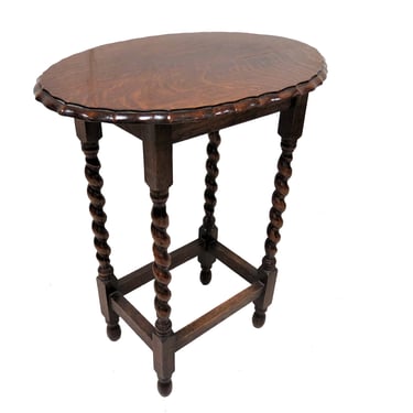 Wooden Side Table | Antique English Oak Barley Twist Scalloped Edge Oval Accent Table 