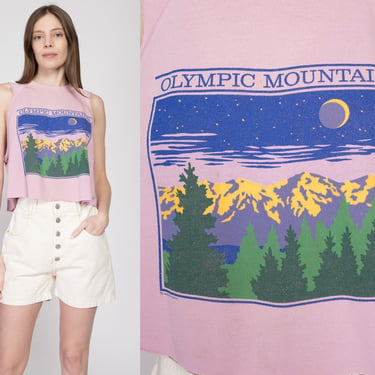 Large 80s Olympic Mountains Crop Top | Vintage Pink Graphic Cropped Washington Tourist Tank 