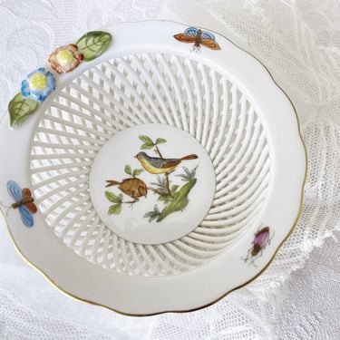 Herend Openwork Basket Woven Porcelain Bowl Rothschild Birds 7376 