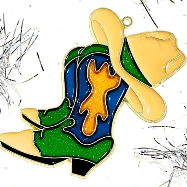 VINTAGE: 1980s - Retro Metal and Resin Boots and Hat Ornament - Faux Stain Glass - Light Sun Catchers - Gift - SKU 15-E2-00017356 