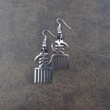 Afro pick adinkra symbol earrings, silver Gye Nyame earrings 