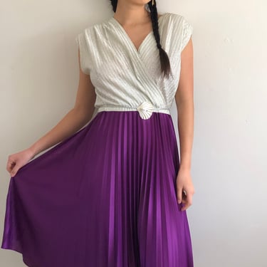 70s micro pleated wrap dress / vintage silver + violet pleated disco wrap dress with shell belt | medium 
