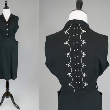50s 60s Black Summer Dress - White Embroidery on Back - Sleeveless - Possibly Linen Blend - Vintage 1950s 1960s S M 