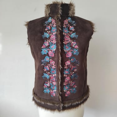 Vintage 1970's Style Faux Fur Vest with Embroidery Penny Lane Vest, 70's style Y2K 00s Hippie Fur Vest, Afghan Vest Boho Chic 