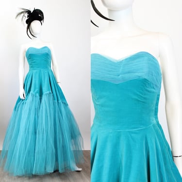 1950s AQUAMARINE TULLE velvet gown dress xs | new fall 