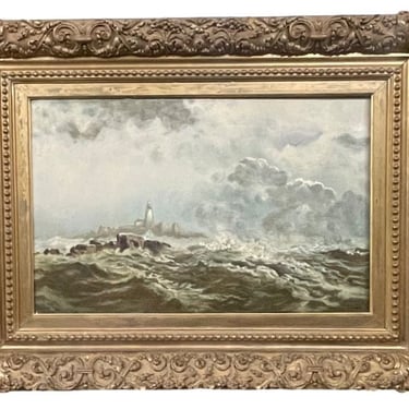 19th Century Oil on Canvas Seascape with Lighthouse.