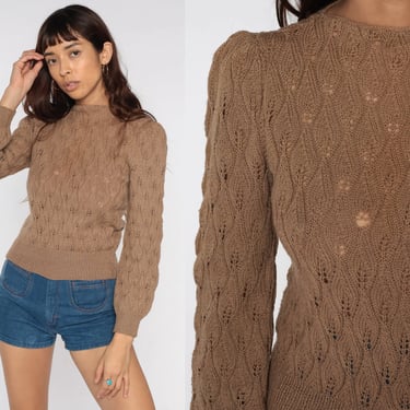 80s Puff Sleeve Sweater Sheer Brown Pointelle Sweater Cutout Knit Pullover Sweater Cut Out 1980s Sweater Vintage Small xs s 