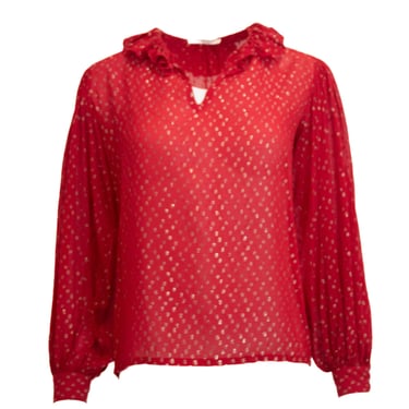 Saint Laurent Rive Gauche Vintage Red Dotted Swiss Ruffle Collar Silk Blouse 