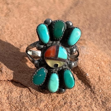 Earnest Zunie ~ Vintage Zuni Turquoise and Sterling Silver Sunface Ring Size 6 