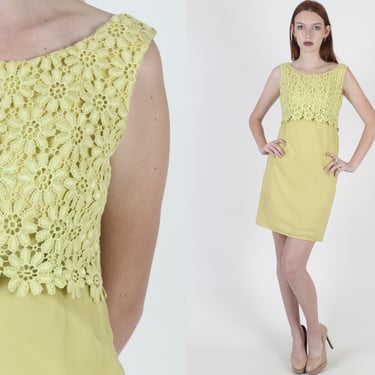 Vintage 60s Chartreuse Floral Dress Crochet Lace Mod Wedding Party Sheath Mini 