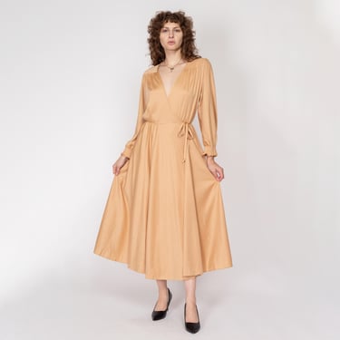 Large 70s Camel Maxi Wrap Lounge Dress | Retro Vintage Long Sleeve Boho Hostess Gown 