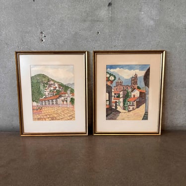 Pair of Vintage Paintings Taxco Mexico Jose Valesquez