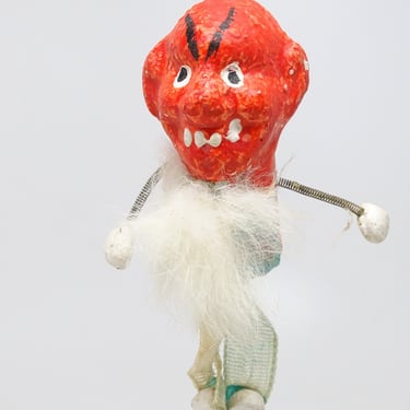Antique 1940's Devil Ornament for Halloween, Hand Painted Composite Body with Wire Springs Arms & Ribbon Legs, Vintage MCM 