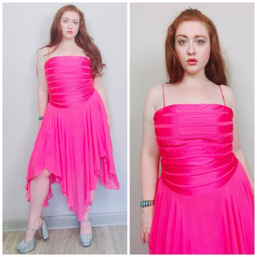 Y2K Vintage BCBG Pink Silk Striped Party Dress / 90s Handkerchief Skirt Fit and Flare Gown / Size Medium 