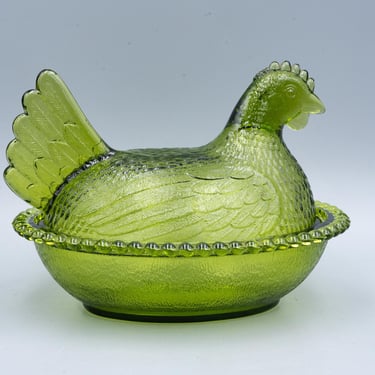 Indiana Glass Olive Green Hen on a Nest Covered Dish, Stippled Base | 1950s 1960s Home Decor 