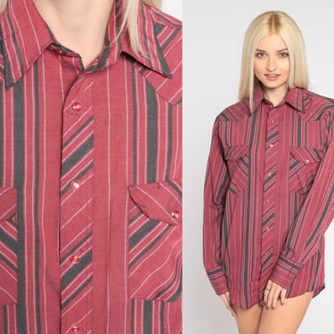 Striped Western Shirt 90s Dark Red Pearl Snap Shirt Button Up Cowboy Rodeo Retro Long Sleeve Vintage 1990s Wrestlers Men's Small 14 1/2 