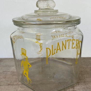 Vintage Planters Peanuts Hexagon Jar With Lid, Mr. Peanut, Yellow Print Glass, Kitchen Decor, Please Read Entire Description 