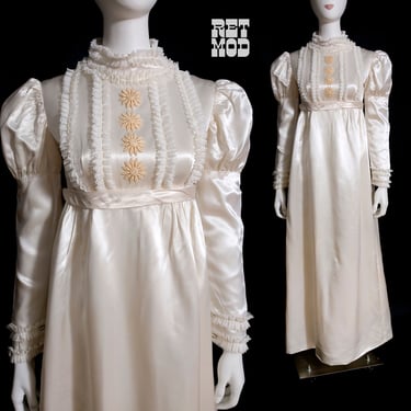 OMG Vintage 60s 70s Satin Babydoll Puff Sleeves Wedding Gown Dress with Flower Trim 