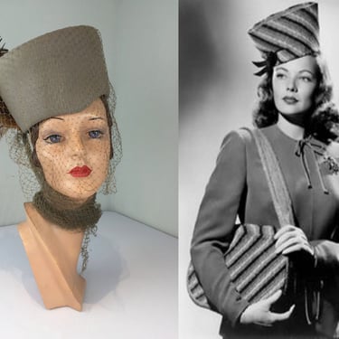 Never Too High Darling - Vintage 1940s Taupe Velour Toque Fez w/Wrap Veil & Rust Feather Plume 