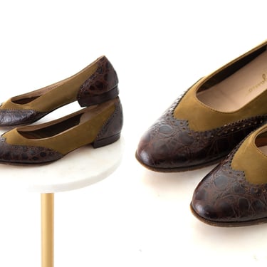 Vintage 1960s Shoes | 60s SALVATORE FERRAGAMO Oxford Wingtip Brown Reptile Leather Olive Green Suede Two Tone Ballet Flats (size US 7) 