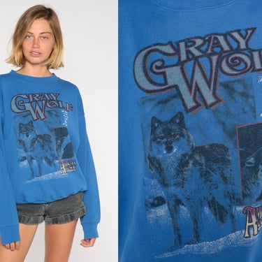 Grey Wolf Sweatshirt 90s Animal Shirt American West Graphic Poem Nature Wildlife Sweater Granola Crewneck Blue 1990s Vintage Extra Large xl 