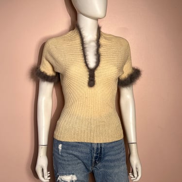 Vtg 70s Cream Knit Top with Angora Trim 