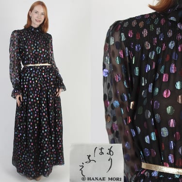 Hanae Mori Black Silk Dress, Rainbow Metallic Polka Dot, Vintage Neiman Marcus Designer Gown, Size 10 