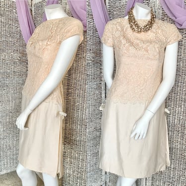 Mod 60s Dress, Drop Waist, Lace Overlay, A-Line, Vintage 