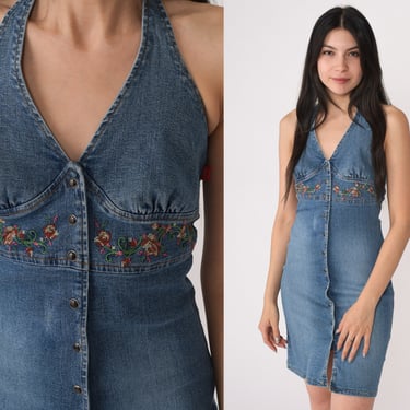 Y2K Denim Dress Mini Jean Halter Neck Dress Hot Kiss 00s Blue Embroidered Floral V Neck Vintage Minidress Retro Sleeveless Extra Small xs 