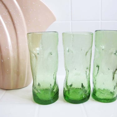 Vintage MCM Murano Wavy Dimpled Tall Tumblers Glassware Set of 3 - Light Sea Glass Green Cylinder Vases 