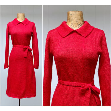 Vintage 1960s Red Hand Knit Dress, 60s Crimson Long Sleeve A-Line Mid-Century Sweater Dress, Small to Medium 