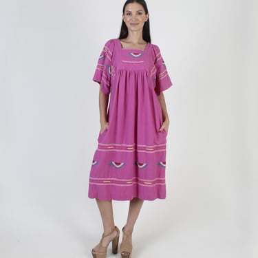 Purple Cotton Guatemalan Dress, Ethnic Embroidered Sundress, Watermelon Print Kaftan 