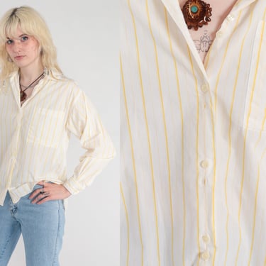 Striped Blouse 80s Gap Button Up Shirt White Yellow Stripes Collared Long Sleeve Top Vintage Preppy Retro Basic Cotton Vintage 1980s Small S 